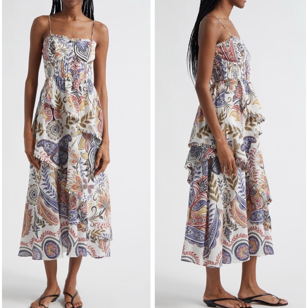 FARM RIO Boho Glam Loopy Trim Square Neckline Tiered Floral Print Maxi Dress NEW